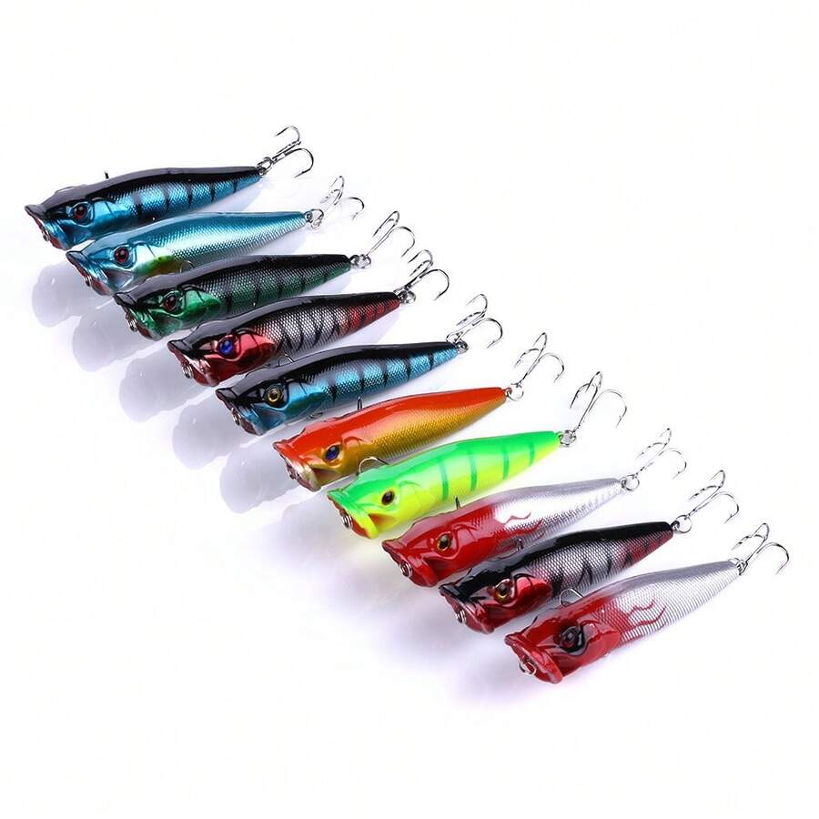 10pcs Topwater Popper Fishing Lures 3d Eyes Hard Baits Artificial Wobblers Plastic Fishing Tackle Artificial Surface Bait - Multicolor - View 1