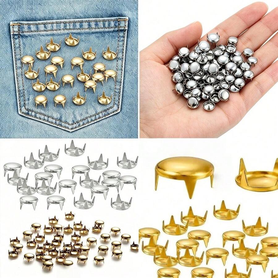100 piezas/Paquete Remaches de metal redondos de 10mm/0.394in con 4 puntas, color plata, remaches para cuero, accesorios para ropa, bolsos, manualidades