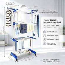 Movable Rolling Clothing Drying Rack, Adjustable Multi-Tier Laundry Air Dryer Rack, Space Saving Foldable Garment Stand For Towels, Socks, Pants, Shirts - Blue and White - View 2