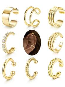 9pcs/Set Pendientes de clip para oreja de metal geométrico con strass, estilo minimalista y elegante, adecuados para vacaciones, citas, uso diario y fiestas - Amarillo Oro - Ver 13