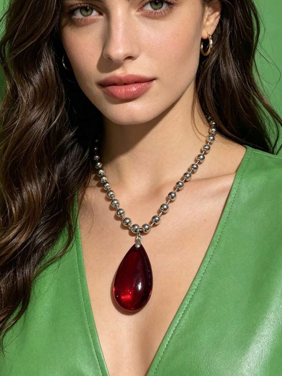 1pc Silver-Tone Premium Large Raindrop Pendant Necklace For Women, Suitable For Daily Wear, Casual Vacation Jewelry