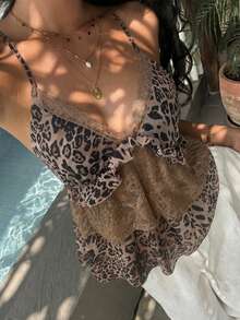 Spaghetti Strap Top With Patchwork Leopard Print Pattern, Polyester Lace Splice, Vacation & Beach Casual Summer - Khaki - View 3