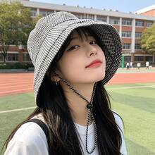 Spring Fashion Black & White Plaid Women's Bucket Hat, Lightweight Foldable Portable Sun Hat With Neck Strap, Suitable For Spring/Summer Outdoor Activities, Travel, Sports Events - Plaid Hat - View 4