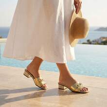 Women's Block Heel Slip-On Sandals With Metal Geometric Rivet Buckle Decor, Crocodile Embossed Glossy Pattern, Block Heel Slide, Rhinestone Chunky Square Heel, Low Heel Outdoor Wear, Luxury Elegant Style, Spring/Summer Shopping Date Gold, Metallic Gloss Embossed Leather Material, Chunky Heel Slide - Gold - View 4