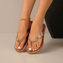 Women's Beach Vacation Fashion Sexy Rhinestone Flat Flip Flops Random Print Sexy Fashion Rhinestone Outdoor Summer - Brown - View 5