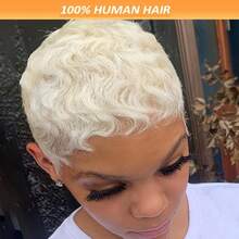 6inch-Blonde Human Hair Wig Brazilian Remy Hair, Natural Blonde Pixie Cut, Machine-Made For Women, - Image Color - View 3