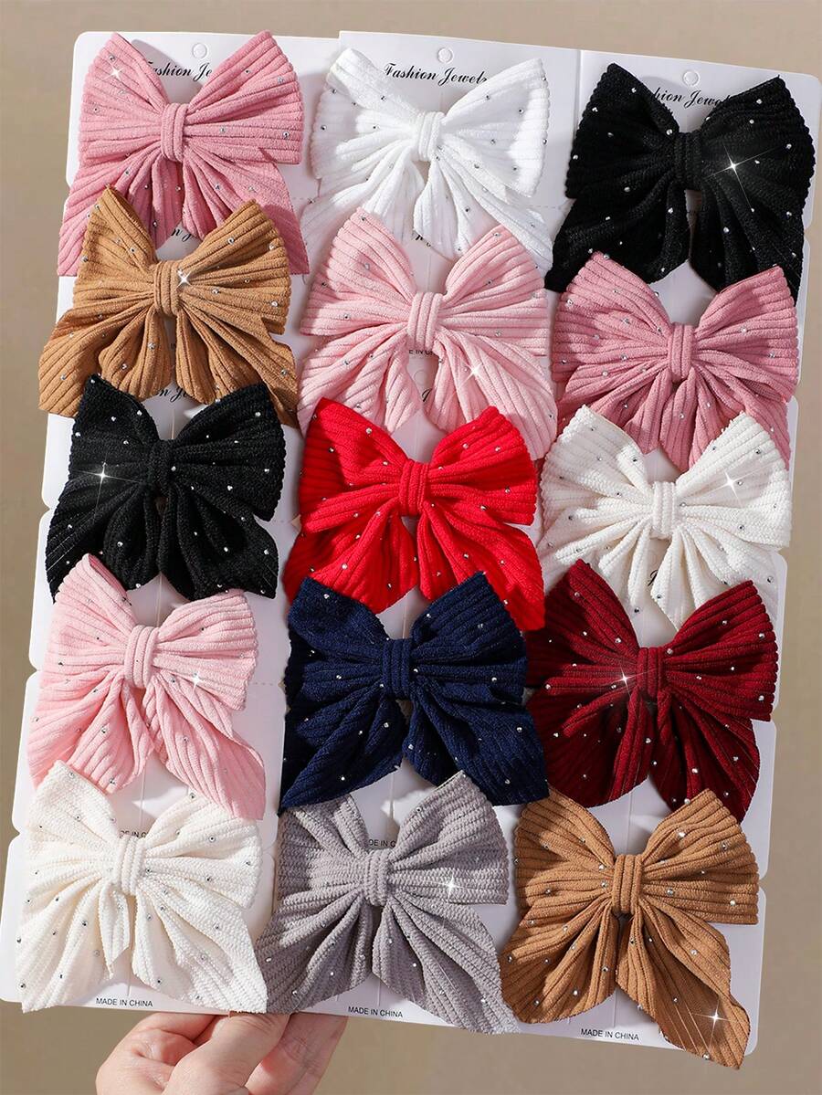 10pcs Girls Minimalist Rhinestone Fabric Bow Hair Clips, Elegant Sweet Cute Hair Accessories, Top Clip, Back Of Head Side Clip, Alligator Hair Clip For Back To School And Daily Use - Multicolor - View 1