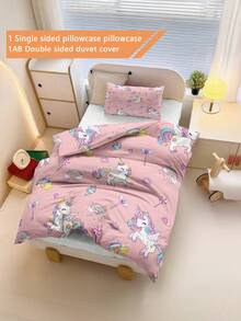 2pcs/Set Sprei Anak-Anak Motif Kartun Unicorn Bersayap Lucu, 100% Poliester, Dicetak 3D, Motif Kartun Anime, Unisex untuk Anak Laki-laki dan Perempuan, Cocok Sebagai Hadiah, untuk Kamar Tidur Anak dan Asrama Siswa - MultiWarna - View 7