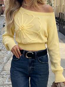 Women's Knit Cold Shoulder Pullover Sweater, Decorated With Floral Embroidery, Long Sleeve Cropped Design Fall - Yellow - View 5