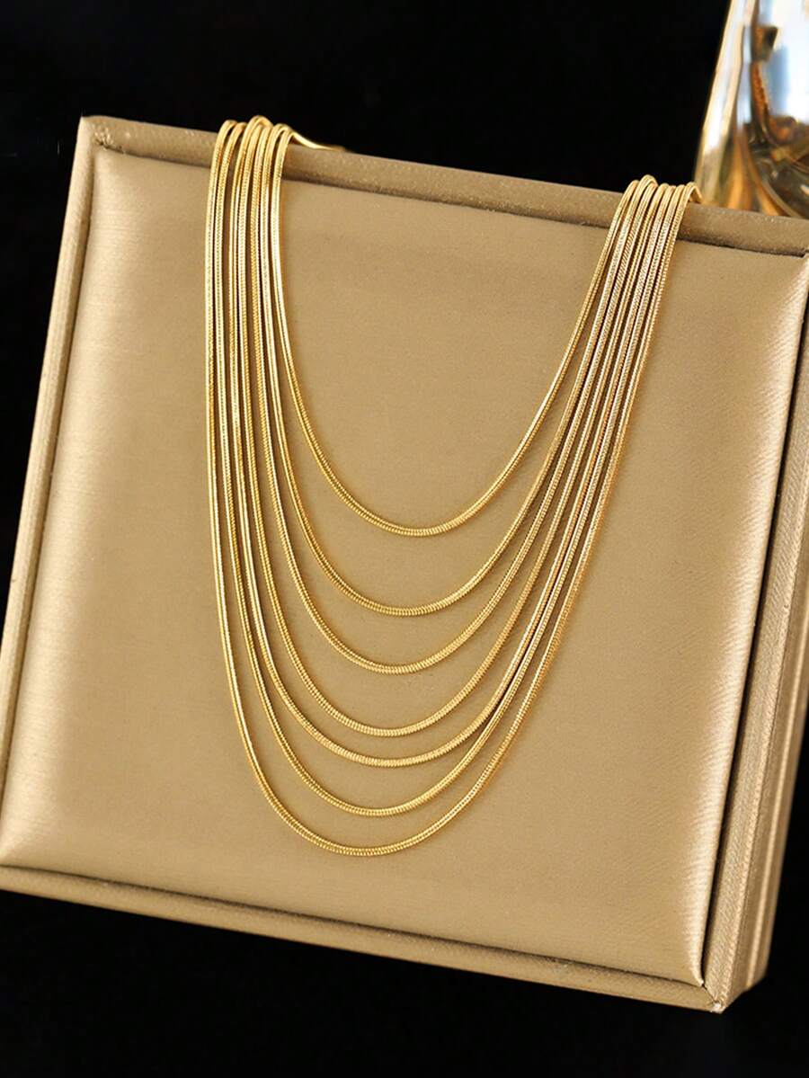 RAYQUEEN 1pc Stainless Steel Minimalist Thin Snake Chain 7-Layer Design Personalized Multi-Layer Necklace For Women, Suitable For Daily Wear - necklace - View 1