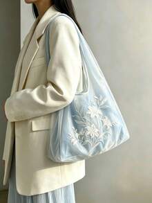 2026 New Light Blue Mesh Embroidery Tote Bag For Women, Lily Embroidered Large Capacity Shoulder Bag, Versatile Commuter Bag - Baby Blue - View 3
