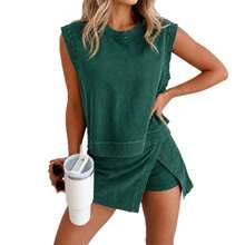 Nuevo conjunto de dos piezas de algodón para mujer, estilo europeo y americano, sin mangas, lavado, ideal para el verano, ropa casual y cómoda para el hogar. - Negro - Ver 5