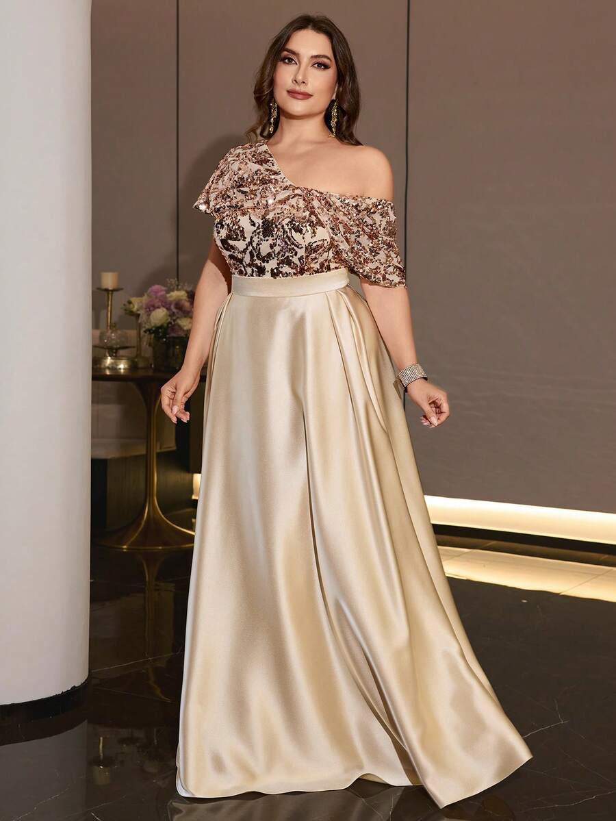 XUIBOL Elegant Plus Size Asymmetrical Sequin Satin Evening Gown, Off-Shoulder Formal Dress, Flared Skirt, Women