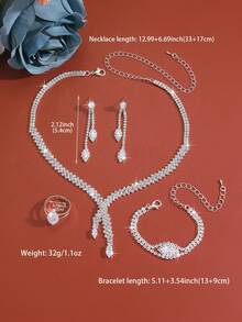 Juego de 5 piezas de joyería de lujo totalmente incrustado de strass, diseño exquisito y versátil, adecuado para uso diario, ir al trabajo, bodas, fiestas, regalo de vacaciones - Plateado - Ver 4