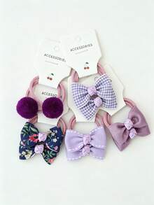 10pcs Children Elastic Bow Fabric Hair Ties, Floral & Ball Design, Suitable For Daily Use - Khaki - View 3