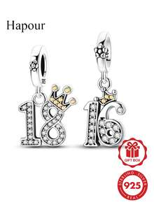 1pc 925 Sterling Silver Number 16.18 Pendant With Sparkling Zirconia Stones, Crown Design, Classic Birthday Adult Gift, Suitable For Original Brand Bracelet Necklace DIY Matching, Suitable For Daily Wear, Party, Banquet - Silver - View 8