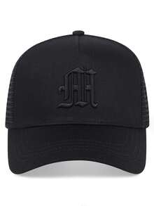 2 piezas Gorras de béisbol de malla con bordado de letras góticas para hombres - Negro y gris oscuro - Ver 4