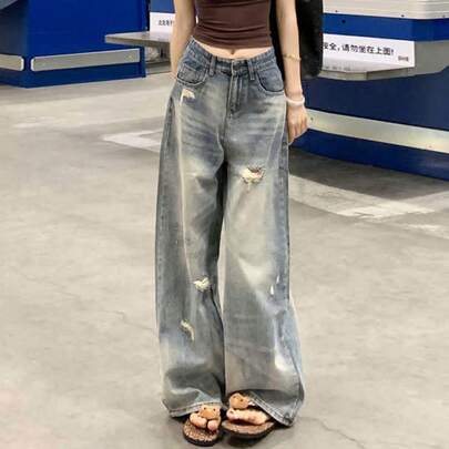 レディース ダメージデニム ハイウエスト ストレート ワイド ロング丈 大きいサイズ