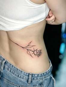 1 Sheet Single Line Rose Temporary Tattoo Sticker, Waterproof Long-Lasting Minimalist Outline Flower Fake Tattoo, Body Art Decal For Women Waist Rib Hip Side Back - Black - View 4