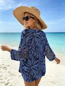 ASHKATIA Blue Floral Print, Bohemian Vintage Style, Summer Beach Vacation, Plus Size Women Kaftan, Boat Neck 3/4 Sleeve - Multicolor - View 3