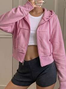 GLAMSKIN Women's Fall Zip Up Hooded Cropped Knit Jacket,Ruffle Trim Long Sleeve Slim Fit Drawstring Hoodie, Casual Y2K Streetwear Outerwear - Pink - View 8