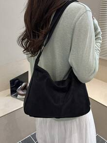 素色慵懶百搭日系文青風女款韓版簡約學生休閒單肩斜跨餃子包 - 黑色 - 查看 3