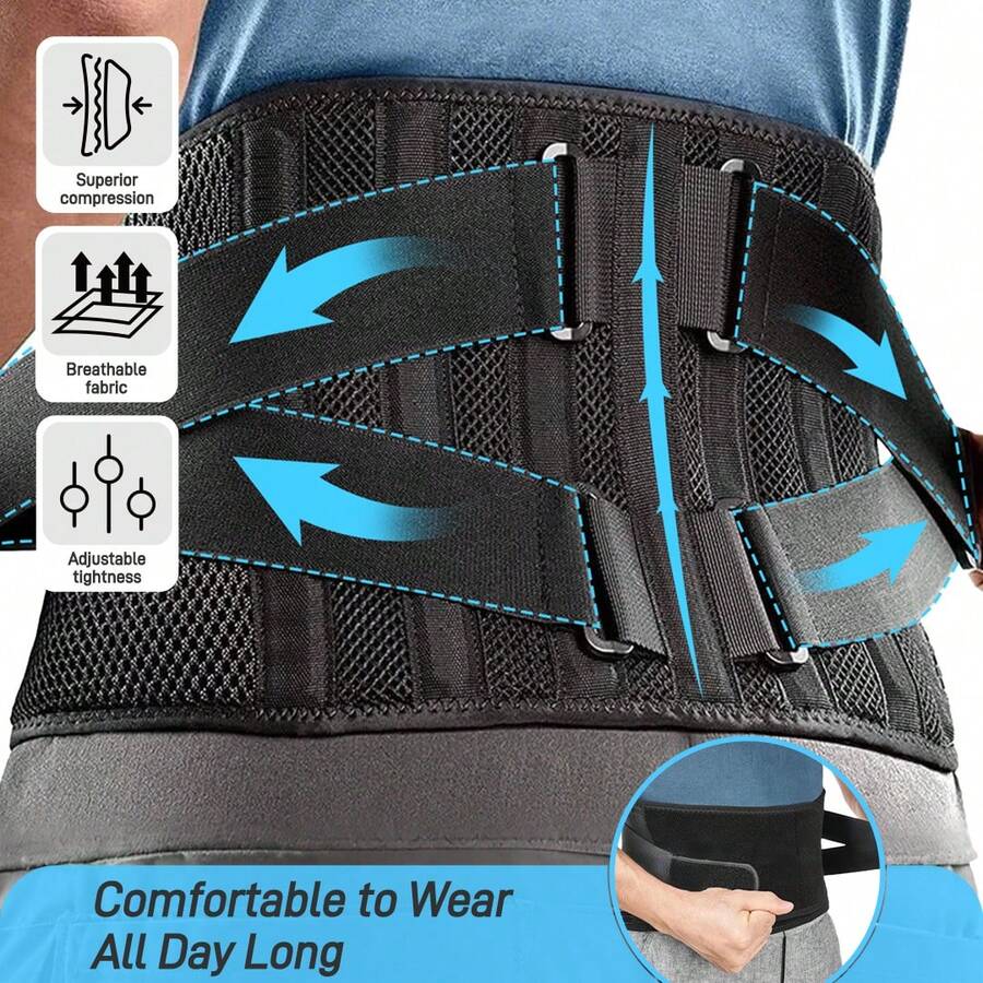 Adjustable Breathable Mesh Back Support Belt, Unisex Waist Support Belt With 6 Support Bars, Non-Slip Design Suitable For Work And Daily Use - Black - View 1