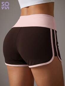 Soyun New Women's Outdoor Striped High Waist Shorts, Color Block Design, Butt-Lifting Effect Sports Summer - Brown - View 2