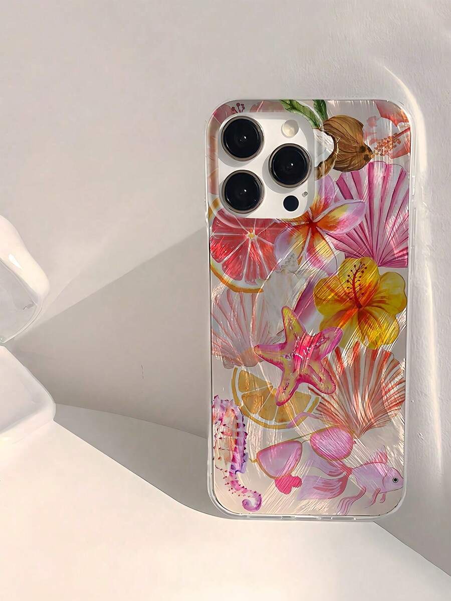1 pieza Funda de teléfono TPU a prueba de golpes con patrón gráfico de pluma, concha, flor y pez, compatible con Apple 16, 15, 14, 13, 12, 11 Pro Max y series, resistente al agua, a prueba de caídas y arañazos - Plateado - Ver 1