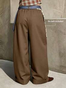 (No Belt Included) Brown High-Waist Draped Wide-Leg Suit Pants For Women, Vintage Cuffed Floor-Length Straight Leg Casual Trousers, Loose Slimming Commuter Versatile Long Pants - Brown - View 4