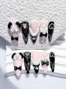 10pcs Y2K Cute Black & Pink Bow Polka Dot Detachable Reusable Nail Art Stickers (1 Sheet Jelly Stickers + 1 Nail File) Handmade Press On Nails - Multicolor - View 2