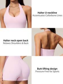 TimeOff Women's 1pc Solid Color Halter Neck U-Neck Backless Sports Romper - Pink - View 4