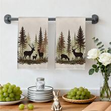 MEMNUN 2 Pcs Misty Watercolor Fir Forest Deer Print Kitchen Towels, Dish Towels, Hand Towels, Dish Cloths, Home Decor, Kitchen Decor, Cooking Baking Hand Towels, Kitchen Accessories, Machine Washable, Cleaning Supplies, Suitable For Restaurant Kitchen, Home Decor And Gifts, All Seasons - Multicolor - View 8