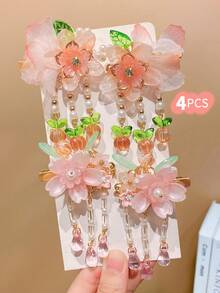 4pcs Girls Sweet Vintage Floral Tassel Hair Clips, Sweet Fashion Elegant Hair Clips - Multicolor - View 7