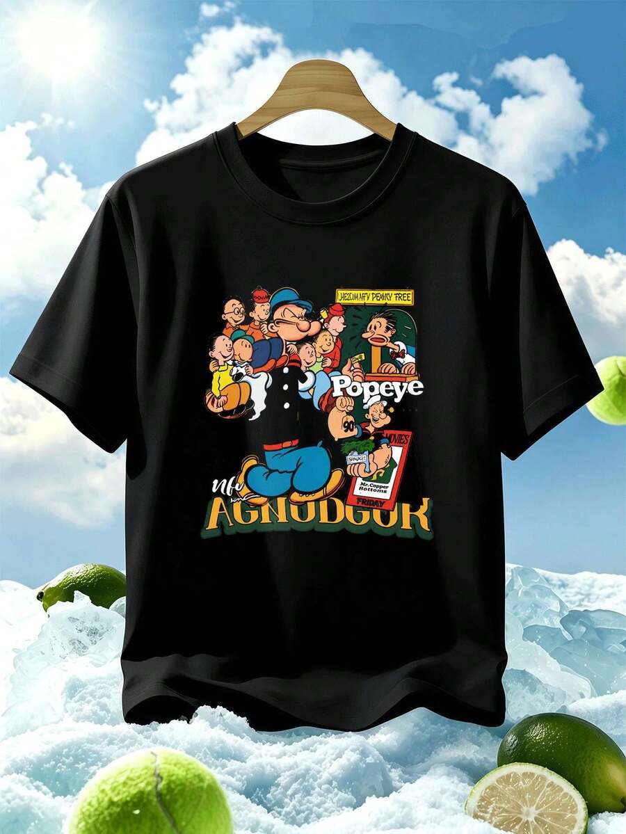 Herren-T-Shirt mit Vintage-Cartoon-Grafik, Rundhalsausschnitt, lockere Passform, lässig, Grafikdesign - Schwarz - Übersicht 1