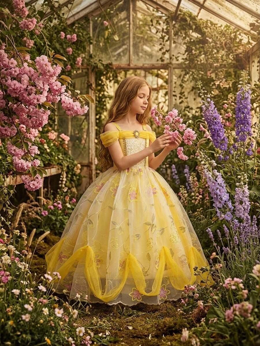 Young Girls Mesh Lace Off Shoulder Strap Princess Dress, Elegant, Suitable For Party, Excluding Headband - Yellow - View 1