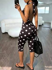 Women's Elegant Comfortable Street Vacation Daily Commute Polka Dot Halter Neck Jumpsuit - Black - View 3