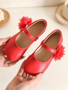 1 Pair Children's Pure Red Mary Jane Shoes, With Mesh Flower Decoration, Breathable Comfortable Soft Insole, Wear-Resistant Non-Slip Flat Shoes, Spring Summer Autumn Winter Style, Versatile Elegant Footwear, Suitable For Baptism, Family Gatherings, Children's Outdoor Play, Matching Various Dresses - Red - View 4
