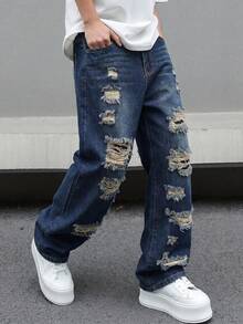 Tween Boy Casual Washed Distressed Wide Leg Denim Jeans - Dark Wash - View 12