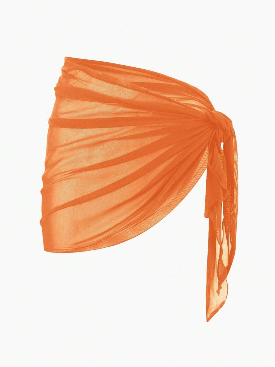 Solid Color Mesh Swim Basics Skirt For Beach And Resort, Ideal For Summer Beach Vacations. XUQA - Orange 2 - View 1