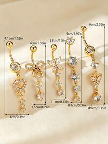 5pcs Navel Piercing Jewelry Set, Gold Stainless Steel Butterfly Heart Flower Zirconia Tassel Style, Hypoallergenic Piercing Accessories, Versatile For Beach Party - Yellow Gold - View 5