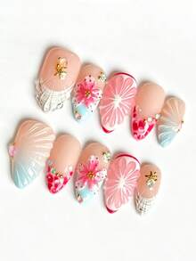 10 Peças Unhas Postiças Estilo Férias na Praia Decoradas com Conchas. Unhas em Formato de Amêndoa com Degradê Rosa e Azul e Flor de Cerejeira Tridimensional. Manicure Artesanal Luxuosa com Estrela do Mar e Diamante, Destacável. Adequada para Encontros e Férias. Pode Ser Reutilizada. Unhas Postiças Feitas à Mão - Multicolorido - Visão 3