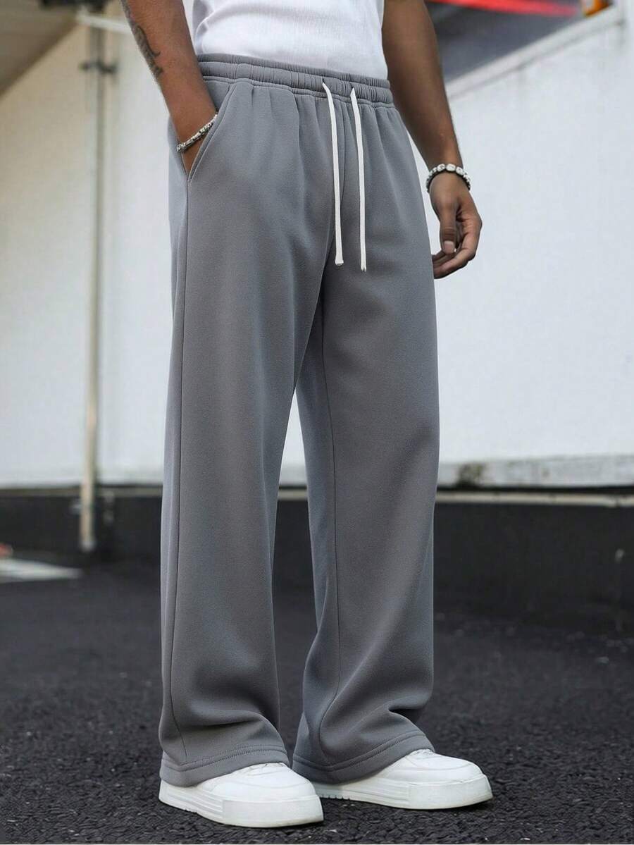 Men's Loose Casual Solid Color Straight Leg Pants, Versatile Casual Straight Leg Sweatpants - Dark Grey - View 1
