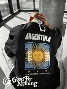 T-shirt w stylu vintage, sprany i postarzany, z nadrukiem logo argentyńskiego słońca, luźny i swobodny krój z krótkimi rękawami, odpowiedni dla par. - Czarne - Zobacz 1