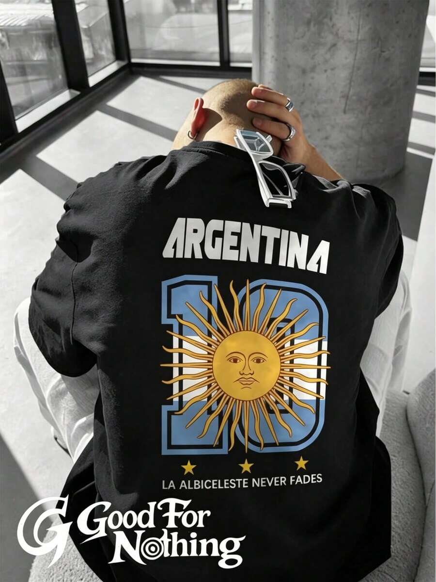 T-shirt w stylu vintage, sprany i postarzany, z nadrukiem logo argentyńskiego słońca, luźny i swobodny krój z krótkimi rękawami, odpowiedni dla par. - Czarne - Zobacz 1