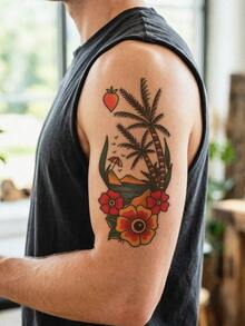 1 Sheet Men's Old School Tropical Beach Temporary Tattoo Stickers, Color Palm Tree Hibiscus Ocean Island Peach Retro Traditional Waterproof Large Body Stickers For Arm Chest Rib Shoulder Decor - Multicolor - View 2