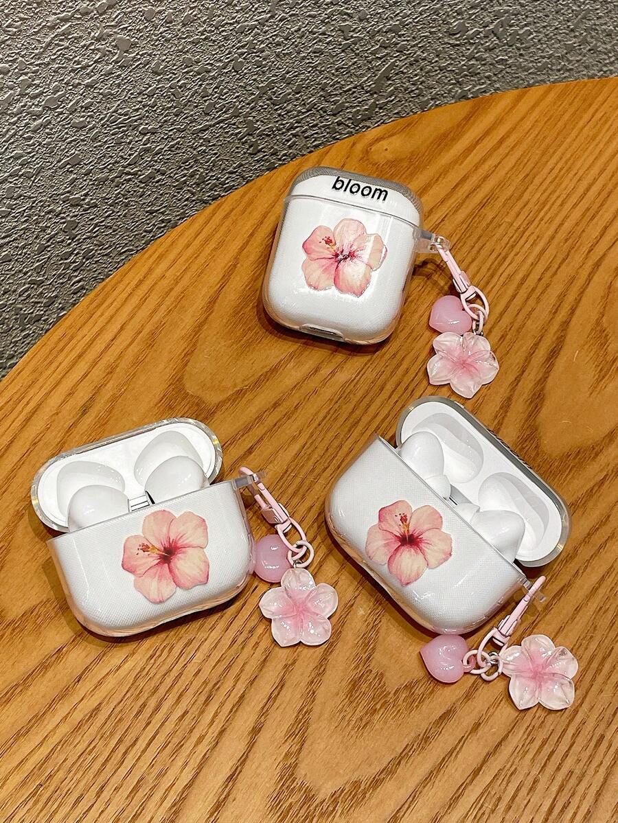 1件裝 扶桑花「Bloom」字母印花透明無線耳機充電盒保護套，附心形花朵吊飾耳機夾，清新甜美女孩風日常配件，適合生日、聖誕節、情人節、感恩節、開學季禮物