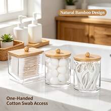 Tbestmax 10 Oz Cotton Swab/Ball/Pad Holder With Vanity Tray, Qtip Apothecary Jar, Bathroom Containers Dispenser Storage 3 Pack Wood Lids - 3pcs(竹蓋棉籤罐) - 查看 3