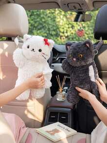 Auto Taschentuchbox Halter Katze, flauschiger hängender Serviettenhalter für Auto Kopfstütze Rücksitz, ästhetischer Tier Taschentuch Organizer, weiches flauschiges Auto Innenraum Zubehör Dekoration für Frauen Männer Autobesitzer, Zuhause Büro Badezimmer - KATZE - Übersicht 2