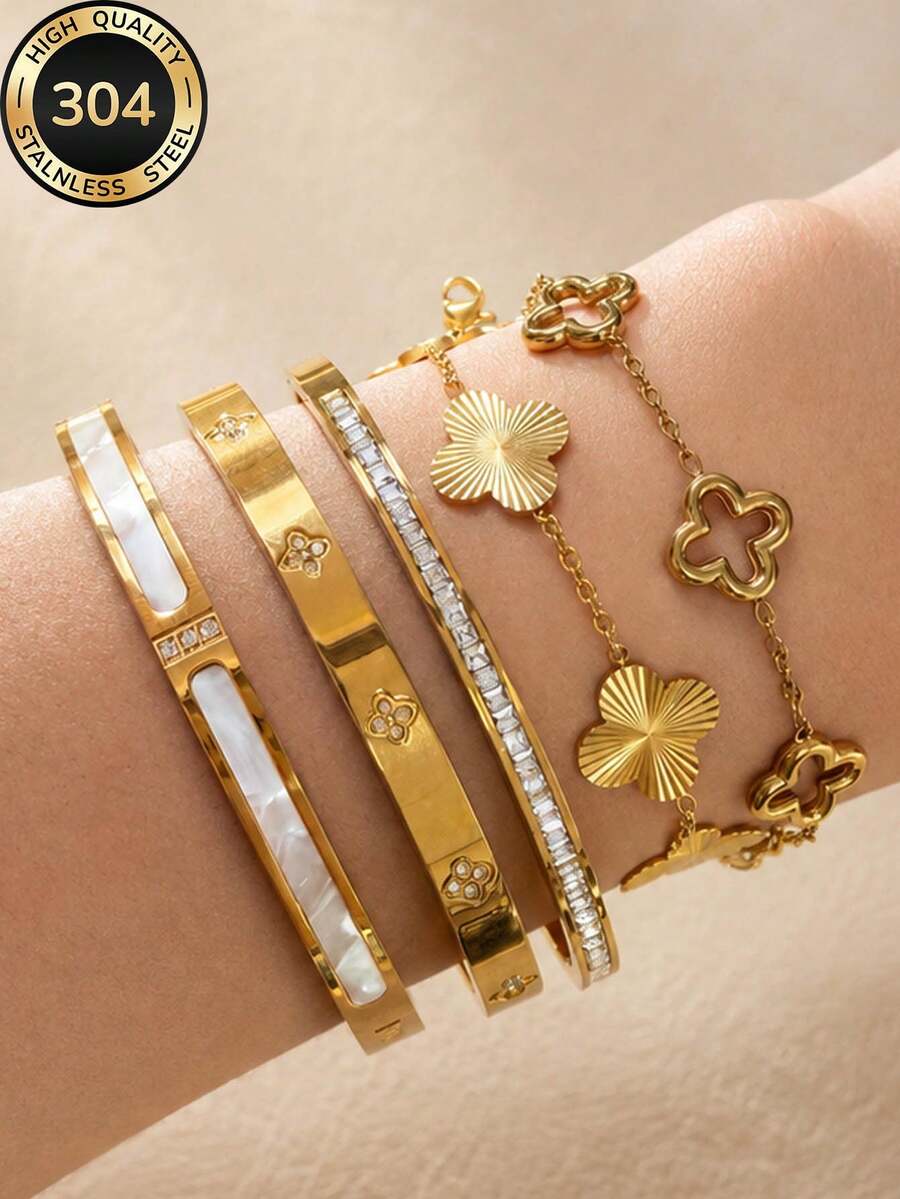 18k Gold Plated Women's Luxury Minimalist Pointed Flower Bracelet & Bangle Set, Stackable, 304 Stainless Steel Long-Lasting Color, Suitable For Daily Commute, Street Shopping, Bar Nightclub Dancing, Birthday Party, Christmas Holiday Gift And Other Occasions - Gold - View 1